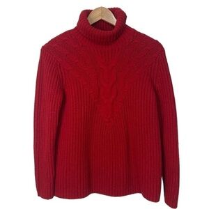 Lands End red turtleneck chunky cable knit long sleeve sweater Size SP